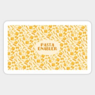 "Pasta Enabler" slogan + pattern of assorted pasta shapes on pale yellow Sticker